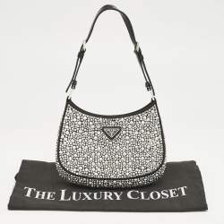 Prada Black Leather Cleo Crystal Embellished Shoulder Bag