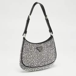 Prada Black Leather Cleo Crystal Embellished Shoulder Bag