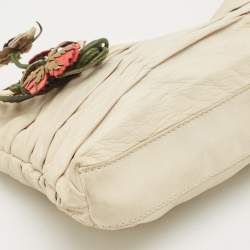 Pre Owned Prada Off White Ruched Leather Rose Applique Pochette