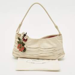 Pre Owned Prada Off White Ruched Leather Rose Applique Pochette