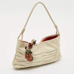 Pre Owned Prada Off White Ruched Leather Rose Applique Pochette
