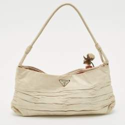 Pre Owned Prada Off White Ruched Leather Rose Applique Pochette