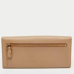 Prada Beige Saffiano Metal Leather Logo Flap Continental Wallet