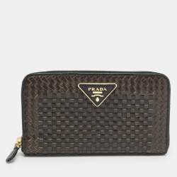 Prada Brown/Black Woven Madras Leather Zip Around Wallet