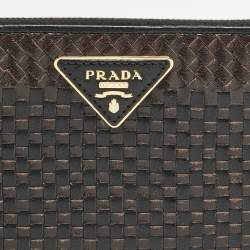 Prada Brown/Black Woven Madras Leather Zip Around Wallet