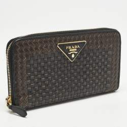 Prada Brown/Black Woven Madras Leather Zip Around Wallet