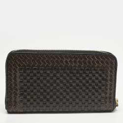 Prada Brown/Black Woven Madras Leather Zip Around Wallet