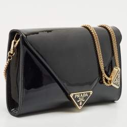 Prada Black Patent Leather Enamel Triangle Logo Wallet On Chain