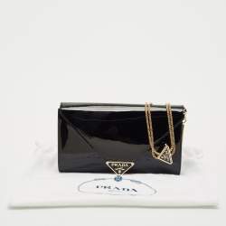 Prada Black Patent Leather Enamel Triangle Logo Wallet On Chain