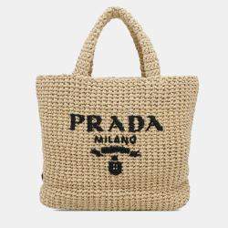 Prada Beige Small Raffia Effect Crochet Embroidered Logo Tote