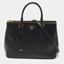 Pre Owned Prada Black Saffiano Lux Leather Medium Double Zip Tote