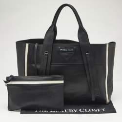 Prada Black/White Grace Lux Leather Large Ouverture Tote