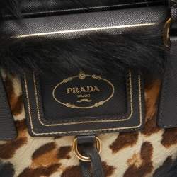 Prada Dark Brown/Beige Leopard Print Calfhair, Leather and Fur Bowler Bag