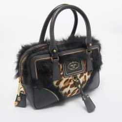 Prada Dark Brown/Beige Leopard Print Calfhair, Leather and Fur Bowler Bag