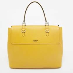 Prada Yellow Saffiano Cuir Leather Double Turn Lock Top Handle Bag