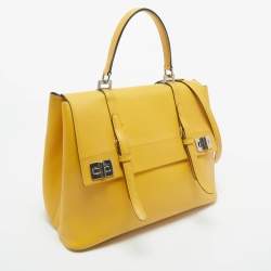 Prada Yellow Saffiano Cuir Leather Double Turn Lock Top Handle Bag