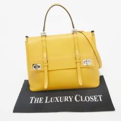 Prada Yellow Saffiano Cuir Leather Double Turn Lock Top Handle Bag