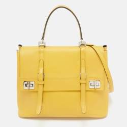 Prada Yellow Saffiano Cuir Leather Double Turn Lock Top Handle Bag