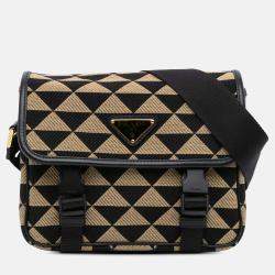 Prada Beige Brown Symbole Double Buckle Messenger Bag