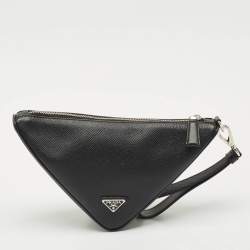 Prada Black Saffiano Cuir Leather Triangle Wristlet Clutch