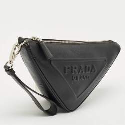 Prada Black Saffiano Cuir Leather Triangle Wristlet Clutch