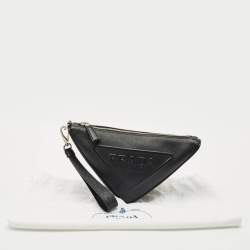 Prada Black Saffiano Cuir Leather Triangle Wristlet Clutch