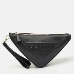 Prada Black Saffiano Cuir Leather Triangle Wristlet Clutch