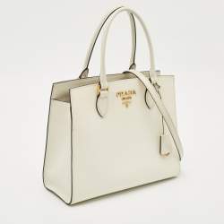 Prada White Saffiano Cuir Leather Snap Tote