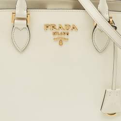 Prada White Saffiano Cuir Leather Snap Tote