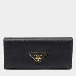 Prada Black Saffiano Metal Leather Triangle Logo Flap Continental Wallet