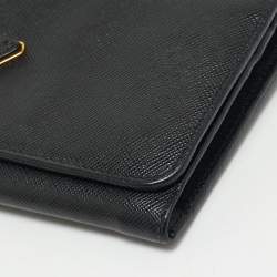Prada Black Saffiano Metal Leather Triangle Logo Flap Continental Wallet