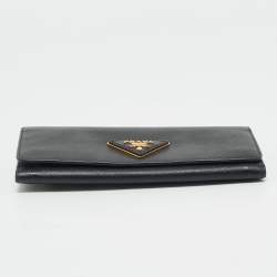 Prada Black Saffiano Metal Leather Triangle Logo Flap Continental Wallet