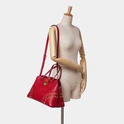 Prada Red Studded Saffiano Cuir Promenade Satchel