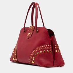 Prada Red Studded Saffiano Cuir Promenade Satchel