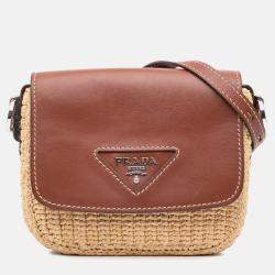 Prada Beige/Brown Raffia Vitello Flap Crossbody Shoulder Bag