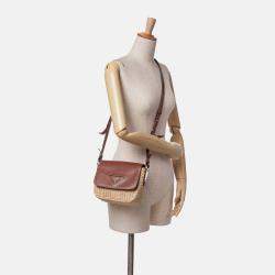 Prada Beige/Brown Raffia Vitello Flap Crossbody Shoulder Bag