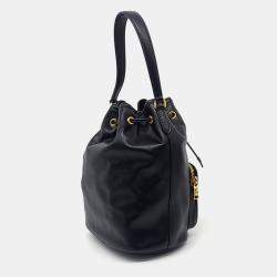 Prada Black Leather Soft Calf Bucket Tote and Crossbody Bag