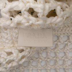 Prada White Raffia Effect Crochet Logo Embroidered Tote