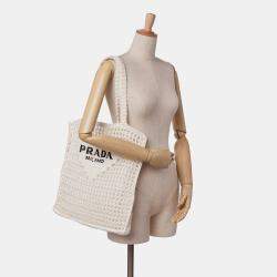 Prada White Raffia Effect Crochet Logo Embroidered Tote