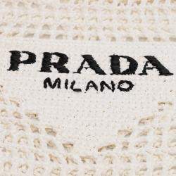 Prada White Raffia Effect Crochet Logo Embroidered Tote