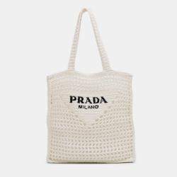 Prada White Raffia Effect Crochet Logo Embroidered Tote