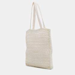 Prada White Raffia Effect Crochet Logo Embroidered Tote