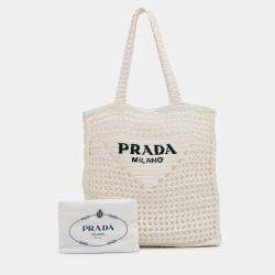 Prada White Raffia Effect Crochet Logo Embroidered Tote