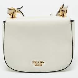 Pre Owned Prada White Leather Turnlock Saddle Crossbody Bag