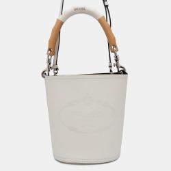 Prada Tambour White Leather and Wood 2Way Bucket Handbag