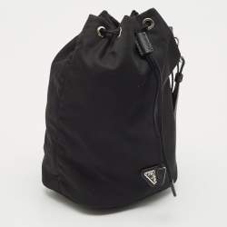 Prada Black Leather and Nylon Drawstring Wristlet Pouch