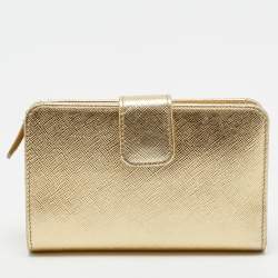Pre Owned Prada Gold Saffiano Metal Leather French Wallet