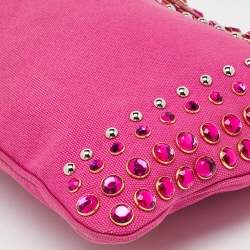 Pre Owned Prada Pink Canvas Crystal Embellished Zip Pouch Clutch