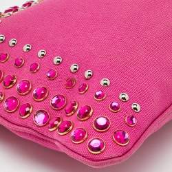 Pre Owned Prada Pink Canvas Crystal Embellished Zip Pouch Clutch