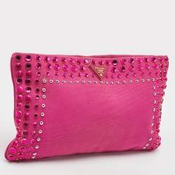 Pre Owned Prada Pink Canvas Crystal Embellished Zip Pouch Clutch